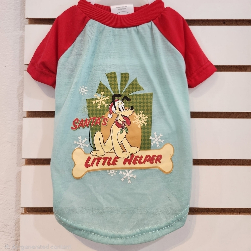 Disney Pluto Santa's Little Helper Dog Christmas Tee Shirt Red Blue - Picture 1 of 3